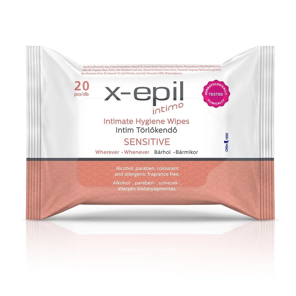 X-Epil X-Epil Intimate Hygiene Sensitive — Успокояващи, нежни, почистващи кърпички за чувствителна кожа, 20 бр. 1